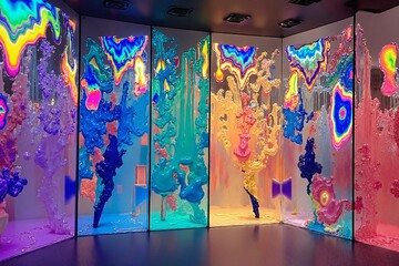A Colorful Room With A Large Art Installation Featuring Abstract Three-Dimensional Sculptures Made Of Glass Or Acrylic 