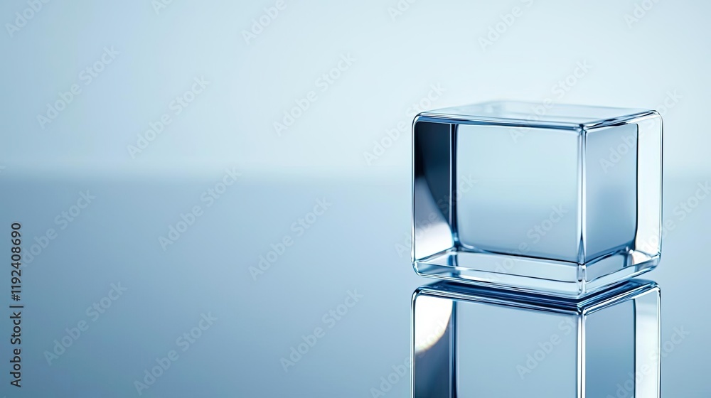 Poster Minimal symmetry idea. A clear ice cube reflecting light on a smooth surface, offering a minimalist aesthetic.