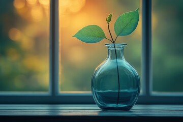 Serene sunset illuminates a teal glass vase holding a delicate sprig with vibrant green leaves, creating a tranquil windowsill scene.