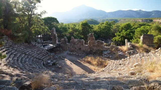 The theatre of the ancient city of Faselis or Phaselis. It is an ancient Greek and Roman settlement. Ancient cities on the Mediterranean coast of Turkey. Kemer district, Antalya city, Turkey country 
