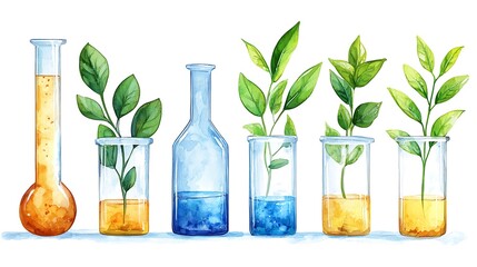 Watercolor Illustration of Plants Growing in Glass Laboratory Flasks and Beakers with Colored Liquids.