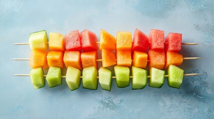 Fruit skewers with watermelon cantaloupe honeydew in flat lay
