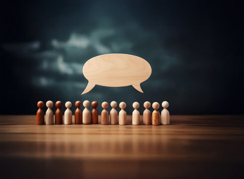 Wooden figures stand before a large blank speech bubble against a stormy backdrop, symbolizing diverse opinions and open communication amid uncertainty.