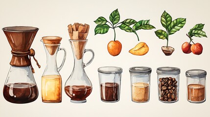Watercolor illustration of coffee brewing methods and coffee plant growth stages.
