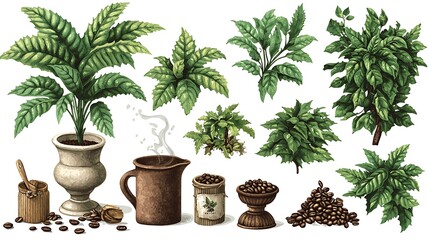 Fototapeta premium Collection of Detailed Watercolor-Style Illustrations of Coffee Plants, Beans, and Brewing Utensils.