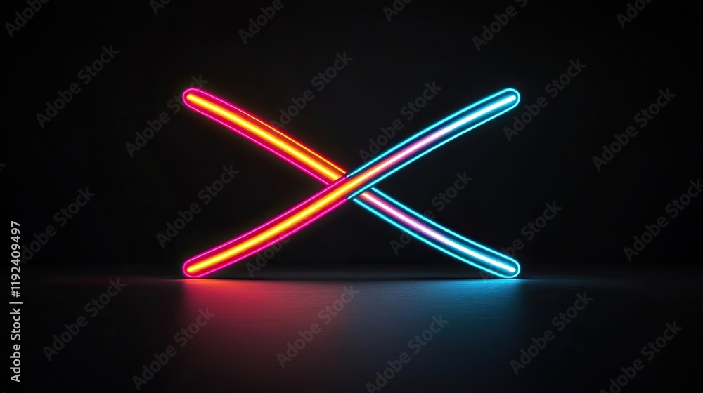 Poster Minimal symmetry idea. Colorful neon lights intersecting in a dark space, creating a vibrant visual effect.