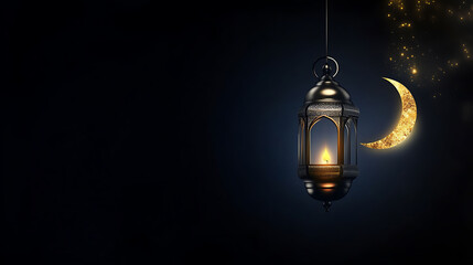 Ramadan Kareem background banner. Islamic Greeting Cards for Muslim Holidays and Ramadan. Blue banner with moon and lantern