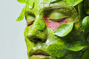 A face with red patches resembling allergy transforming into green leaves on a white background symbolizing organic healing and natural cleansing