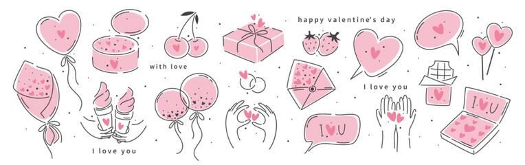 Valentine's day hand drawn elements set.  Design concept for 14 February. Heart, gifts, cherry, strawberry, balls. Vector illustration for cards, posters, stickers,  decoration, Valentines card.