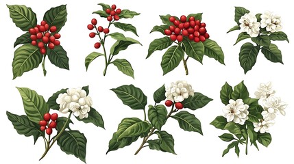 Botanical Illustration Set Coffee Plant Branches with Berries and Jasmine Flowers.