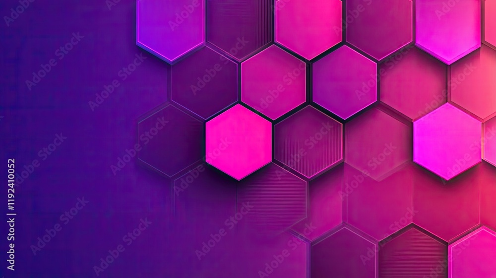 Poster Symmetry gradient concept. Vibrant hexagonal patterns in shades of pink and purple with a modern digital feel.