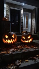 Two carved pumpkins with menacing faces glowing on a porch, surrounded by autumn leaves.