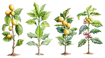 Watercolor illustration of four coffee plants at different stages of growth, showcasing the development of coffee cherries from green to ripe.