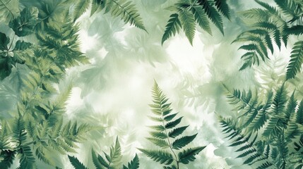 Lush Green Fern Leaves with Soft, Abstract Light Background, Top View.