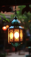A beautifully designed lantern glowing warmly in a serene outdoor setting.