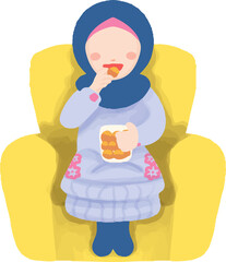 Illustration of a girl eating biscuits on Eid al-Fitr