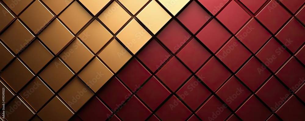 Poster Symmetry gradient concept. Vibrant geometric pattern featuring golden and red tiles creating depth and contrast.