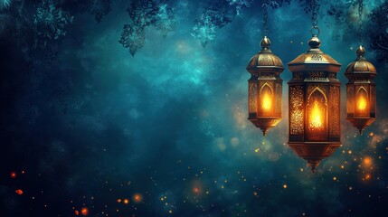 A serene night scene featuring ornate lanterns glowing against a mystical blue backdrop.