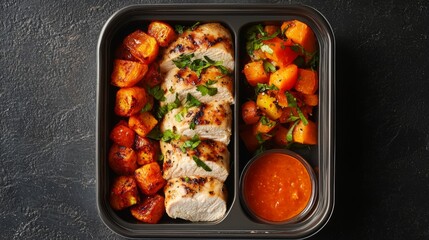 Portable lunchbox with grilled chicken and roasted vegetables