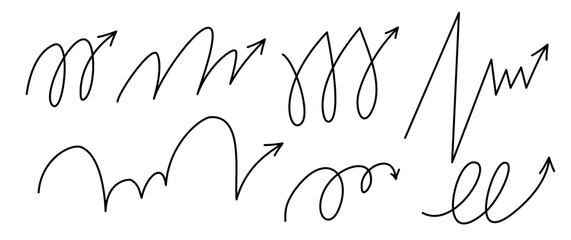 Bounce, quirky squiggly arrow lines with spiral and twist designs. Playful jump hand drawn elements. Includes ball motion paths for sports. Vector illustration isolated