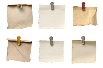 Note paper piece label vintage grunge tape label ripped tag message adhesive tape push pin thumbtack PNG background