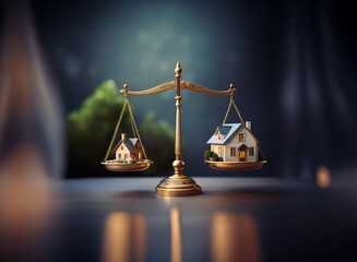 A golden scale of justice holds miniature houses, symbolizing real estate equity and property value comparison.  The scene is dimly lit, emphasizing the weight of the decision.