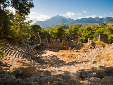 The theatre of the ancient city of Faselis or Phaselis. It is an ancient Greek and Roman settlement. Ancient cities on the Mediterranean coast of Turkey. Kemer district, Antalya city, Turkey country