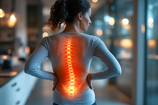 Woman with Back Pain Showing Illuminated Spine - Powered by Adobe