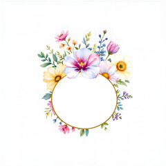 Watercolor illustration of flowers with white blank label