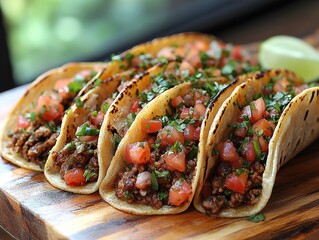 Crispy tacos with beef, pico de gallo, cilantro on wood, window view