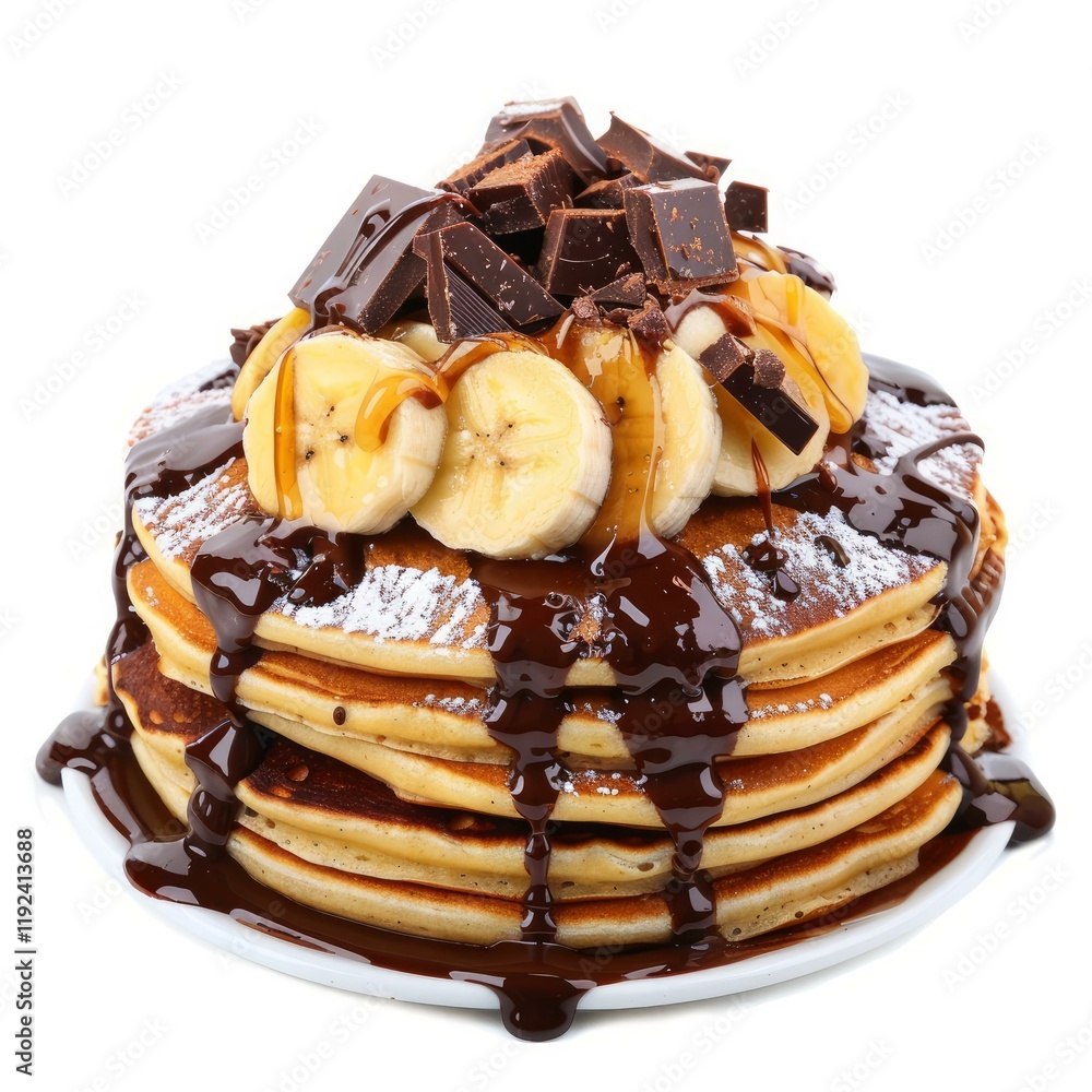 Poster stack of pancakes dripping with chocolate and caramel, topped with banana slices and chocolate chunk