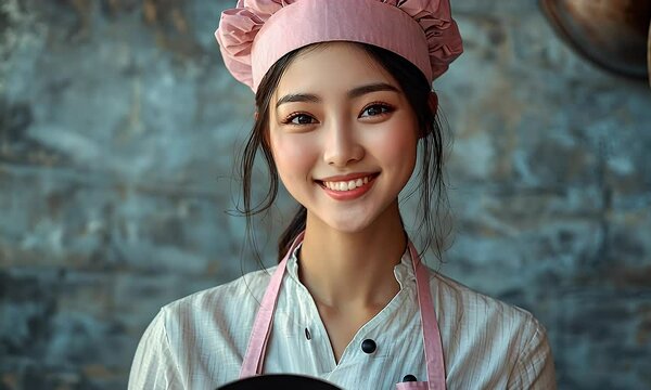 Young Asian woman chef in pink toque holding a frying pan