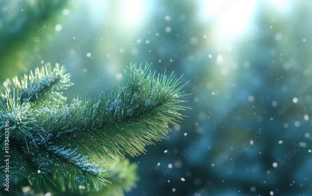 Poster snowy pine branch with bokeh lights a winter background.