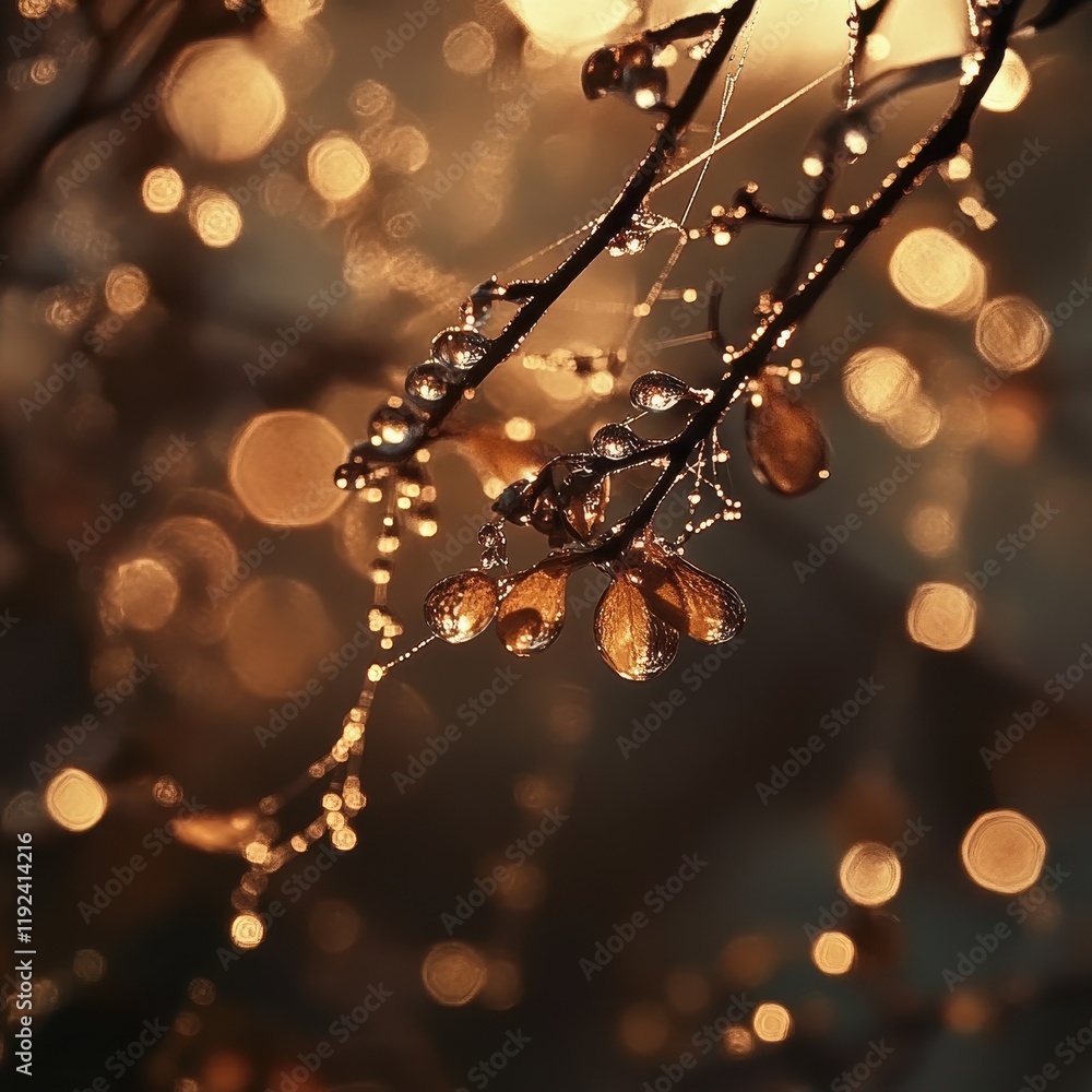 Poster golden hour dew drops on bare branches with bokeh lights, macro close-up.