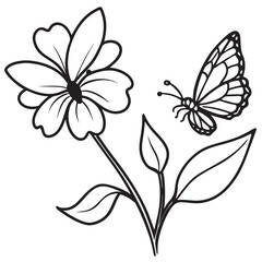 A black and white outline drawing of flowers and butterfly coloring page for kids