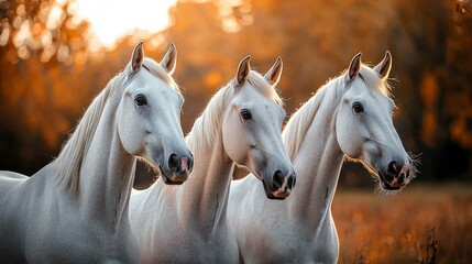 Obraz premium Three Majestic White Horses at Sunset: A Breathtaking Autumn Landscape Photography