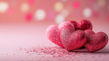 Fototapeta premium Glittering red hearts create a festive atmosphere for Valentine's Day celebrations