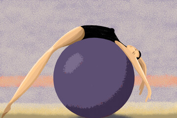 Woman in black sports swimsuit stretching on a purple fitball