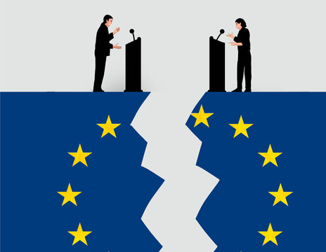 Concept illustration of two speakers arguing on a broken European flag