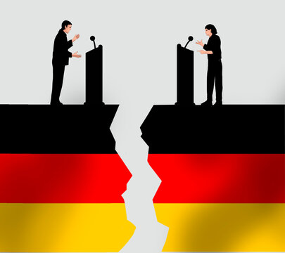 Concept illustration of two speakers arguing on a broken German flag