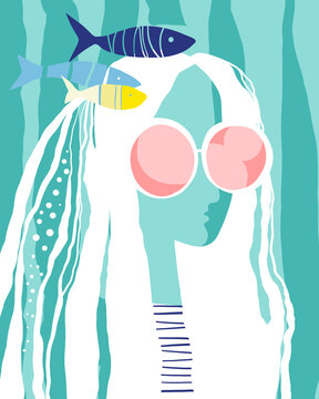 Abstract portrait of woman with white hair, pink glasses and fish on green background in cartoon style