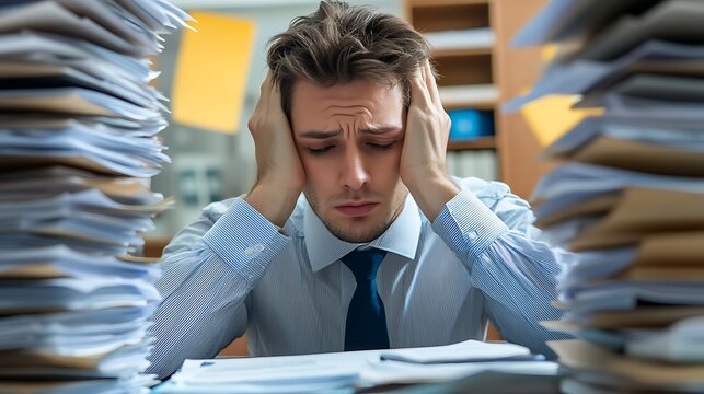 A man is sitting at a desk with a pile of papers in front of him. Busy. Tired. Too much work