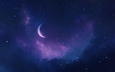 Fototapeta premium Dreamy Night Sky with Crescent Moon and Sparkling Stars on Purple Nebula Background.