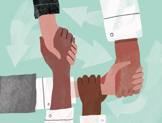 Illustration of diverse hands joined in a supportive handshake symbolizing teamwork and unity