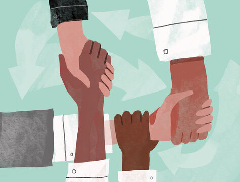 Illustration of diverse hands joined in a supportive handshake symbolizing teamwork and unity