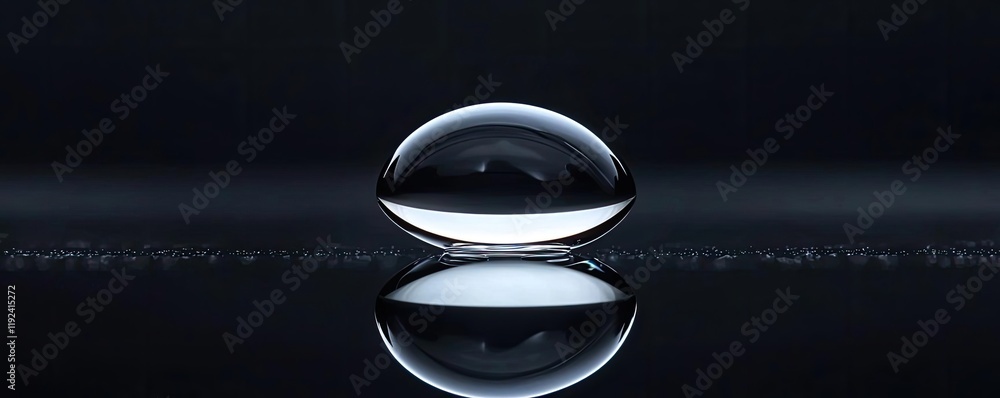 Poster minimal symmetry idea. a close-up of a water droplet reflecting light on a dark surface, showcasing 