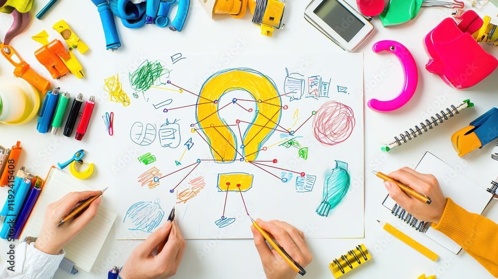 Poster teamwork communication goal-setting concept. creative brainstorming session with colorful drawings a