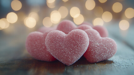 Fototapeta premium Sweet heart-shaped candies create a romantic atmosphere for Valentine's Day celebration