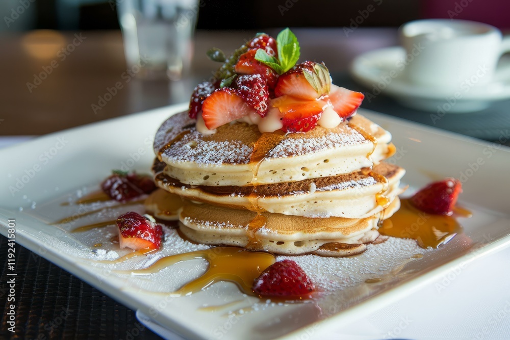 Poster stack of pancakes dripping with syrup and topped with fresh strawberries and a dusting of powdered s