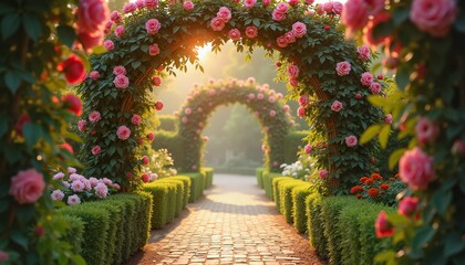 Fototapeta premium Romantic garden archway with pink roses, serene morning light, wedding invitation